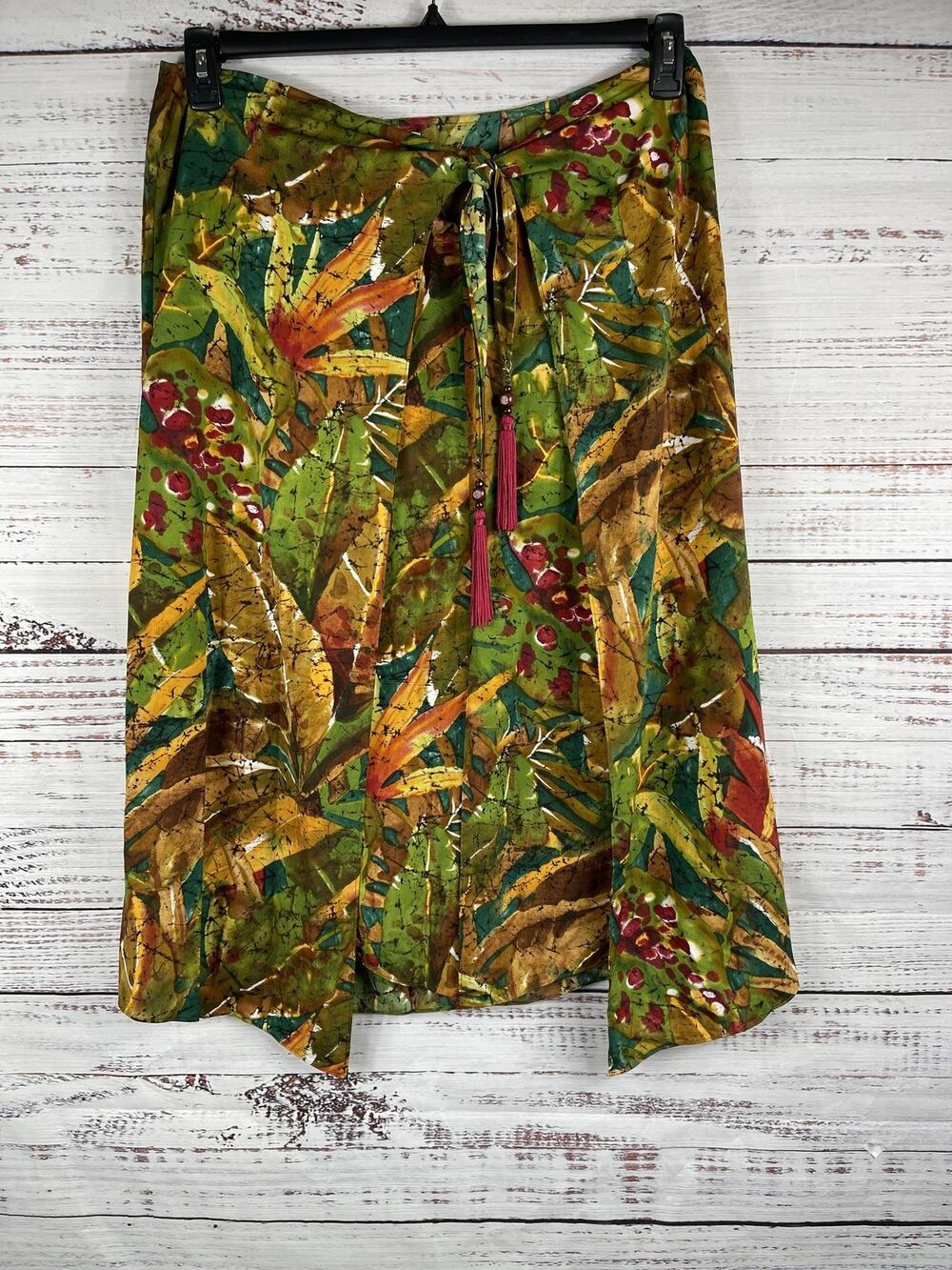 Soft Surroundings Skirt Women's SZ S Green Leaf Print Boho Midi Wrap Tassel Tie - Picture 1 of 6